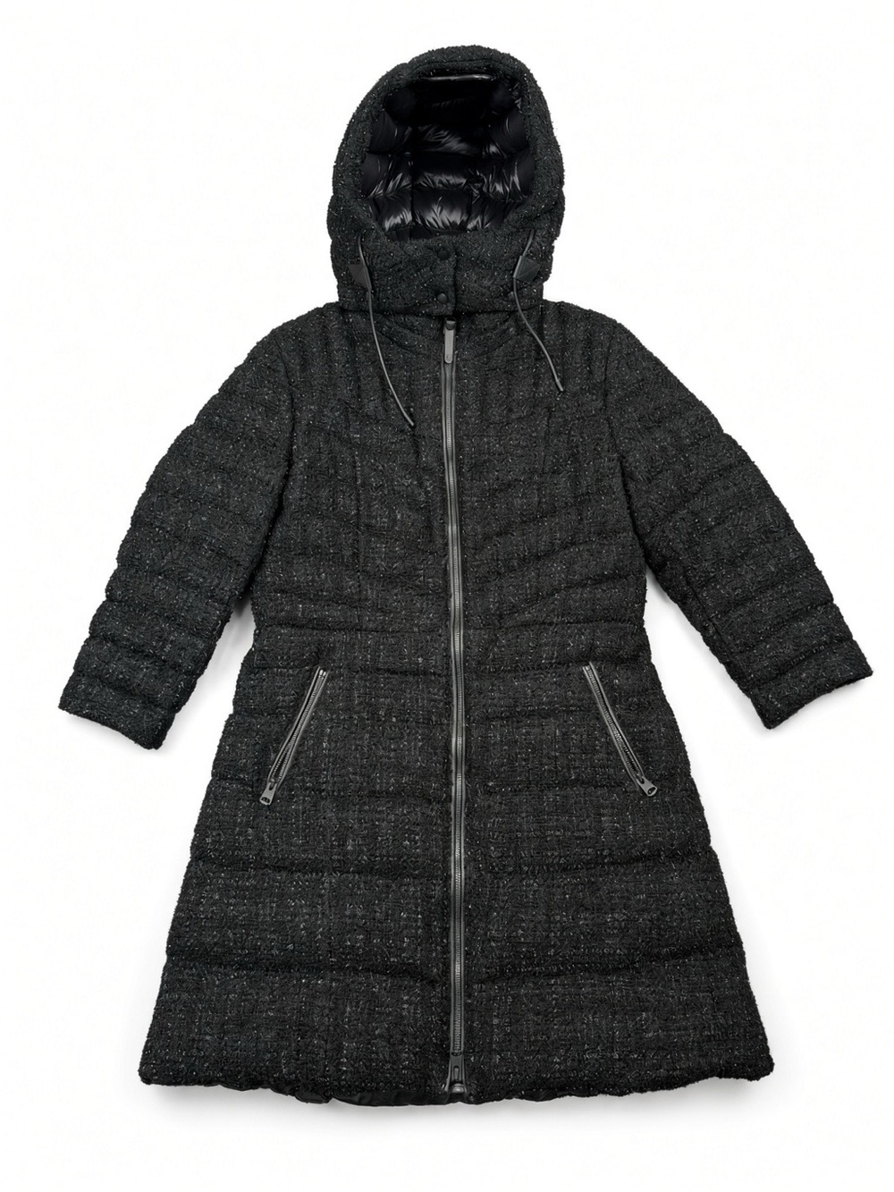 Mackage LARA-TW Tweed Down Coat Size L Black Hooded Wool Puffer